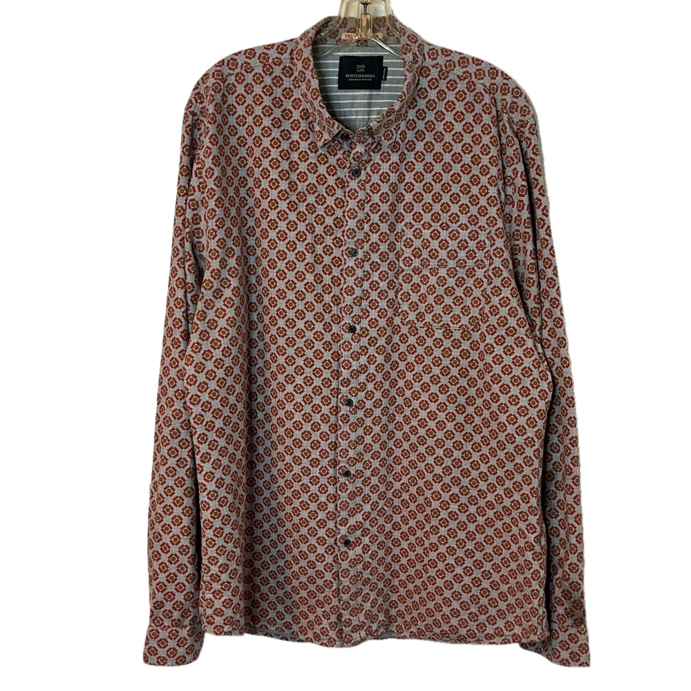 Scotch & Soda Men’s 100% Cotton Patterned Long Sleeve Shirt XXL Burgundy Grey